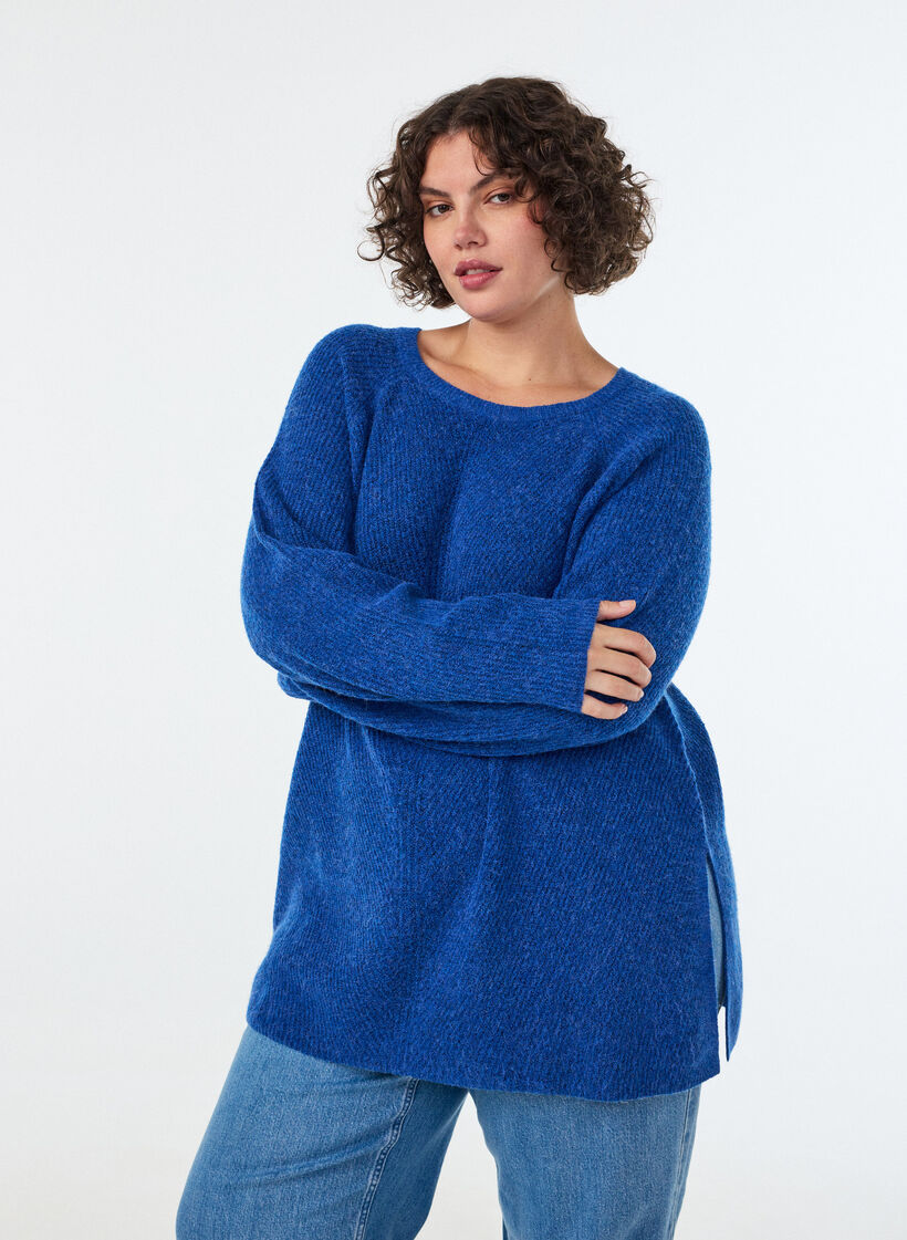Strickpullover mit diagonalem Muster und Raglan&auml;rmeln, Blau, Model image number 0
