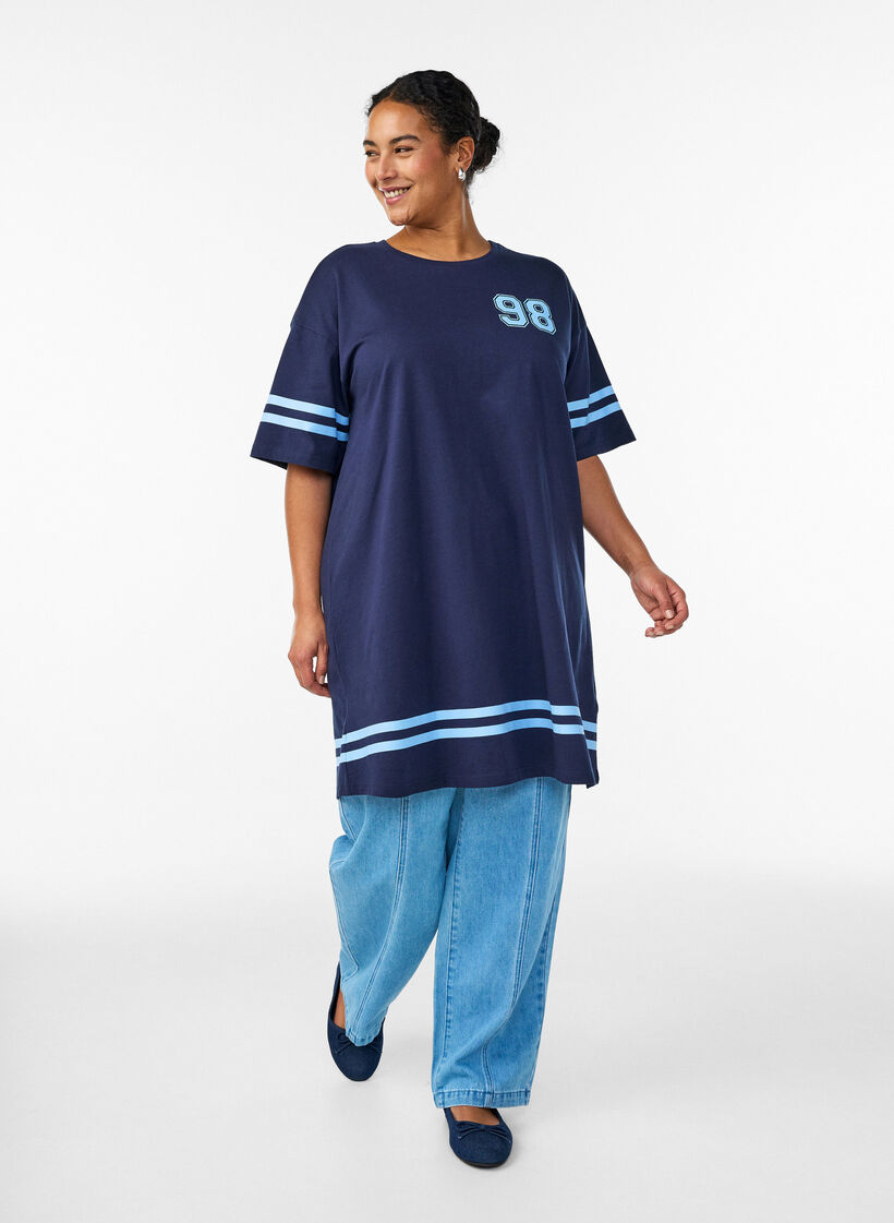 Kurzes T-Shirt-Kleid mit sportlichen Details, Blau, Model image number 1