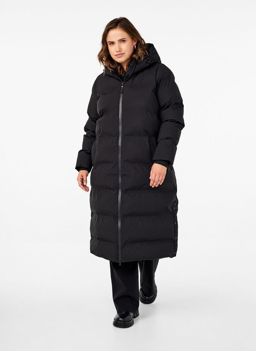 Langer Winter-Steppmantel mit Kapuze, Schwarz, Model image number 0