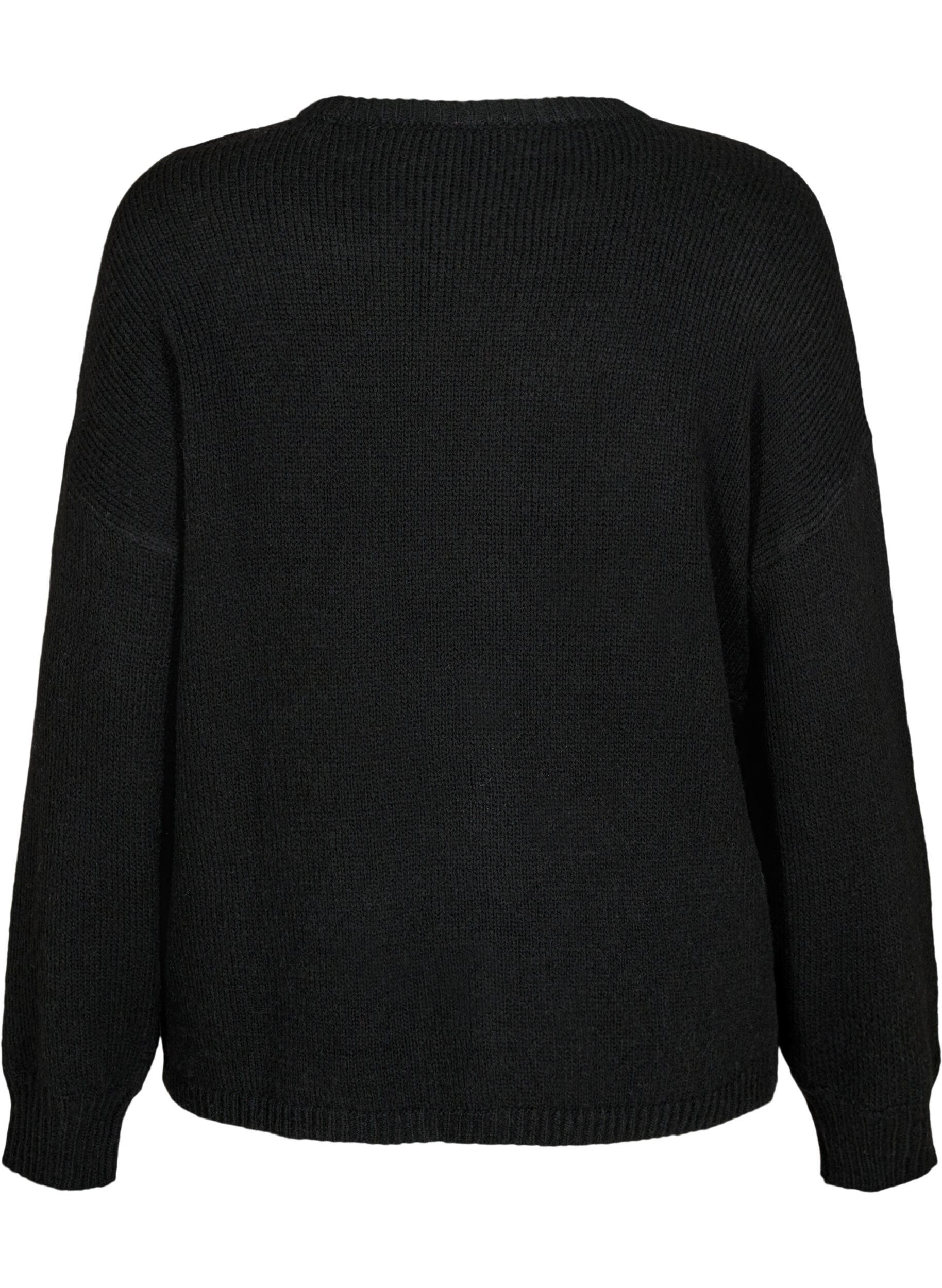 ZizziLang&auml;rmliger Strickpullover mit Wollanteil und Rundhalsausschnitt, Black Solid, Packshot image number 1