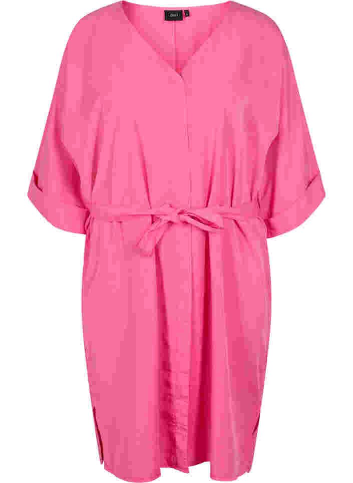 Kleid mit 3/4-Ärmeln und Bindeband, Shocking Pink, Packshot image number 0