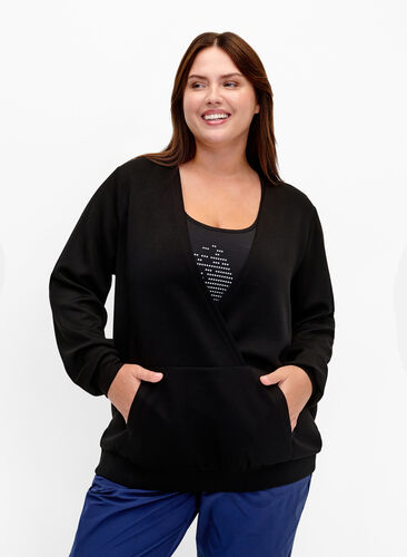 Sweatshirt mit V-Ausschnitt und Tasche, Black, Model image number 0