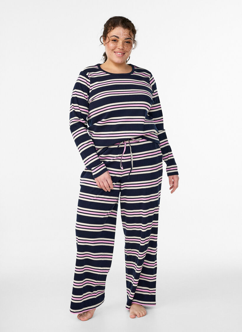 Lang&auml;rmeliges Nachtoberteil aus geripptem Jersey mit Streifen, Blau, Model