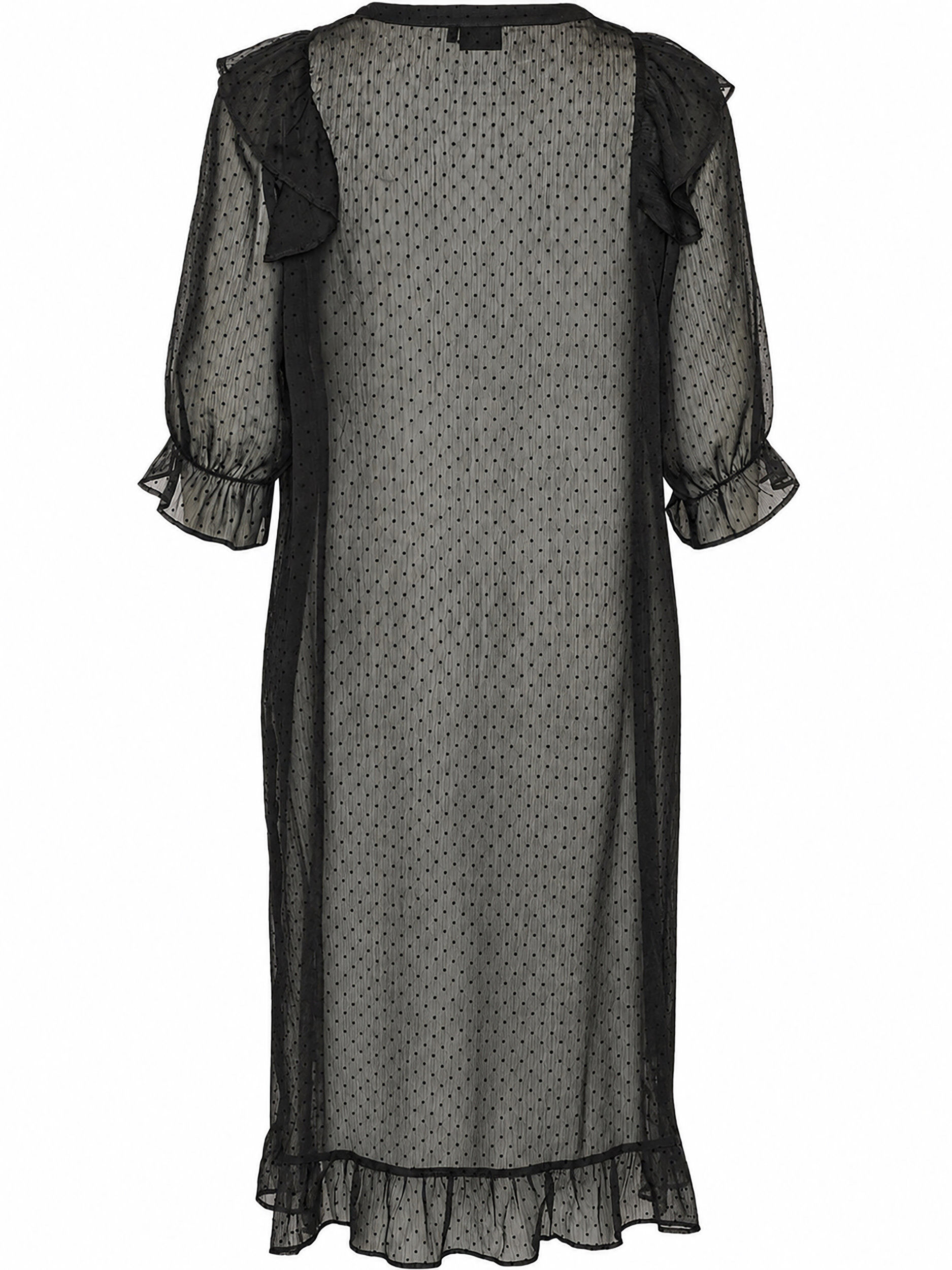 ZizziMidikleid aus einem leichten, transparenten Stoff mit Punkten und R&uuml;schen, Schwarz, Packshot image number 1