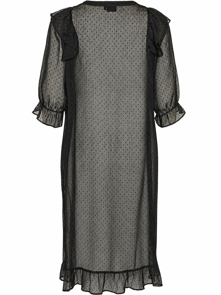 Midikleid aus einem leichten, transparenten Stoff mit Punkten und R&uuml;schen, Schwarz, Packshot image number 1
