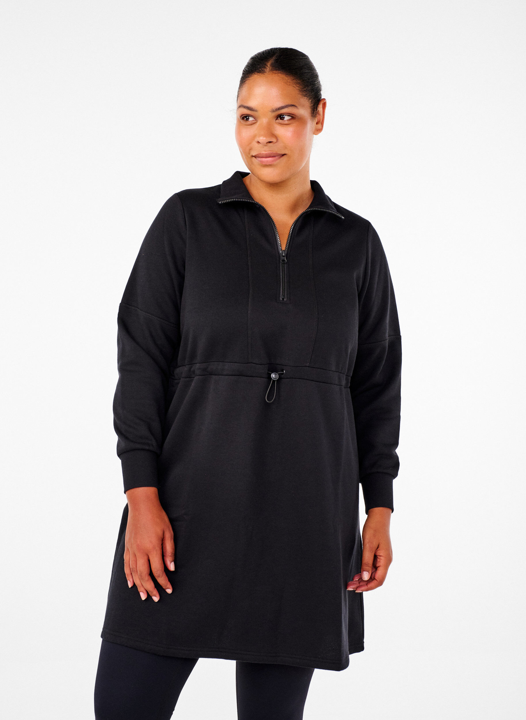 Kurzes Sweatshirtkleid mit Stehkragen und verstellbarer Taille, Black, Model