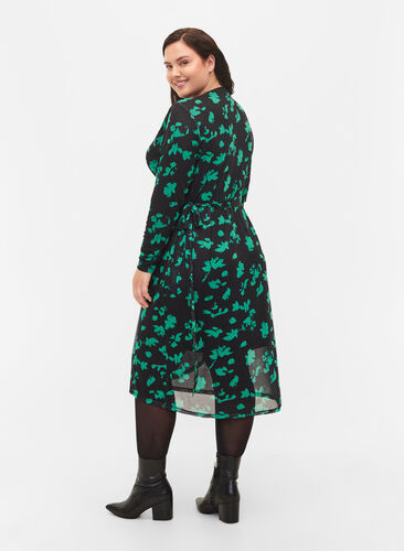 Wickelkleid mit Print aus Mesh, Black Green , Model image number 1