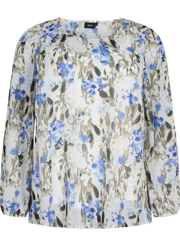 Bedruckte Bluse mit langen Ärmeln, Blue Flower AOP, Packshot image number 0