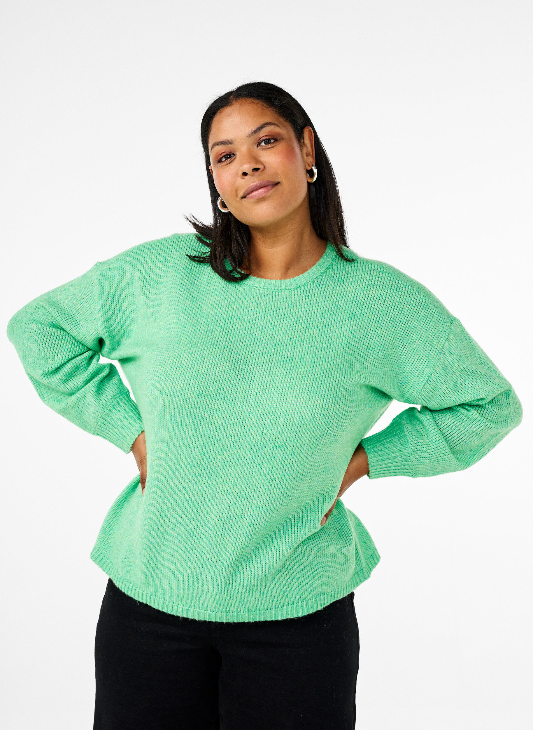 ZizziLang&auml;rmliger Strickpullover mit Wollanteil und Rundhalsausschnitt, Light G. Green Mel., Model image number 0