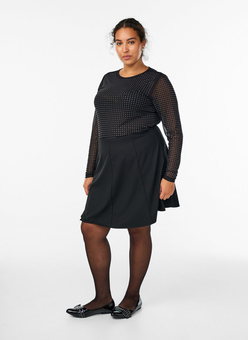Meshbluse mit Strasssteinen und langen Ärmeln, Schwarz, Model image number 1