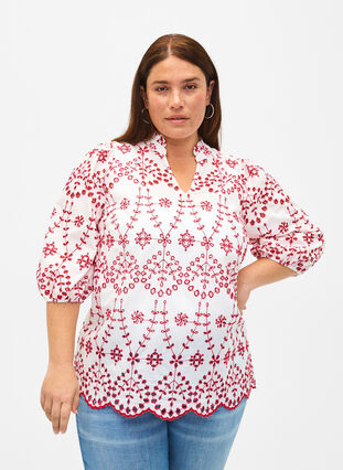 Bluse mit 3/4-Ärmeln und kontrastierender Anglais-Stickerei, White w. Red, Model image number 0