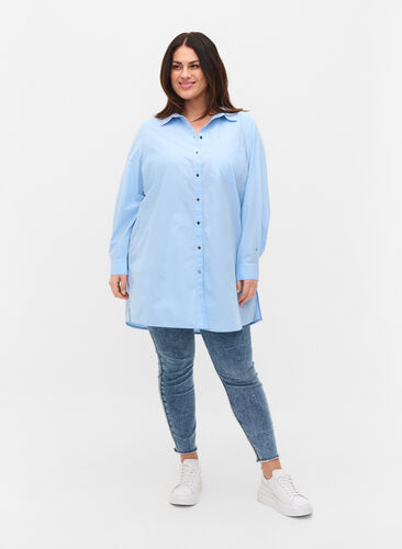 Lange Hemdbluse aus Baumwolle mit Kragen und Knopfverschluss, Chambray Blue, Model image number 3