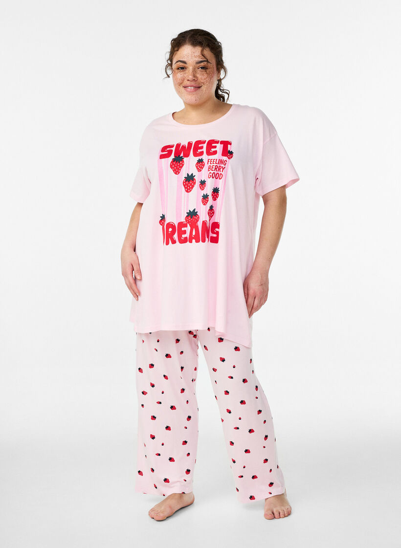 Pyjamahose aus weichem Jersey mit hoher Taille und Frucht-Print, Rot, Model image number 0