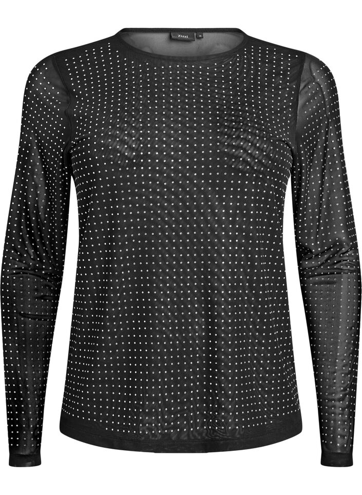 Meshbluse mit Strasssteinen und langen Ärmeln, Schwarz, Packshot image number 0
