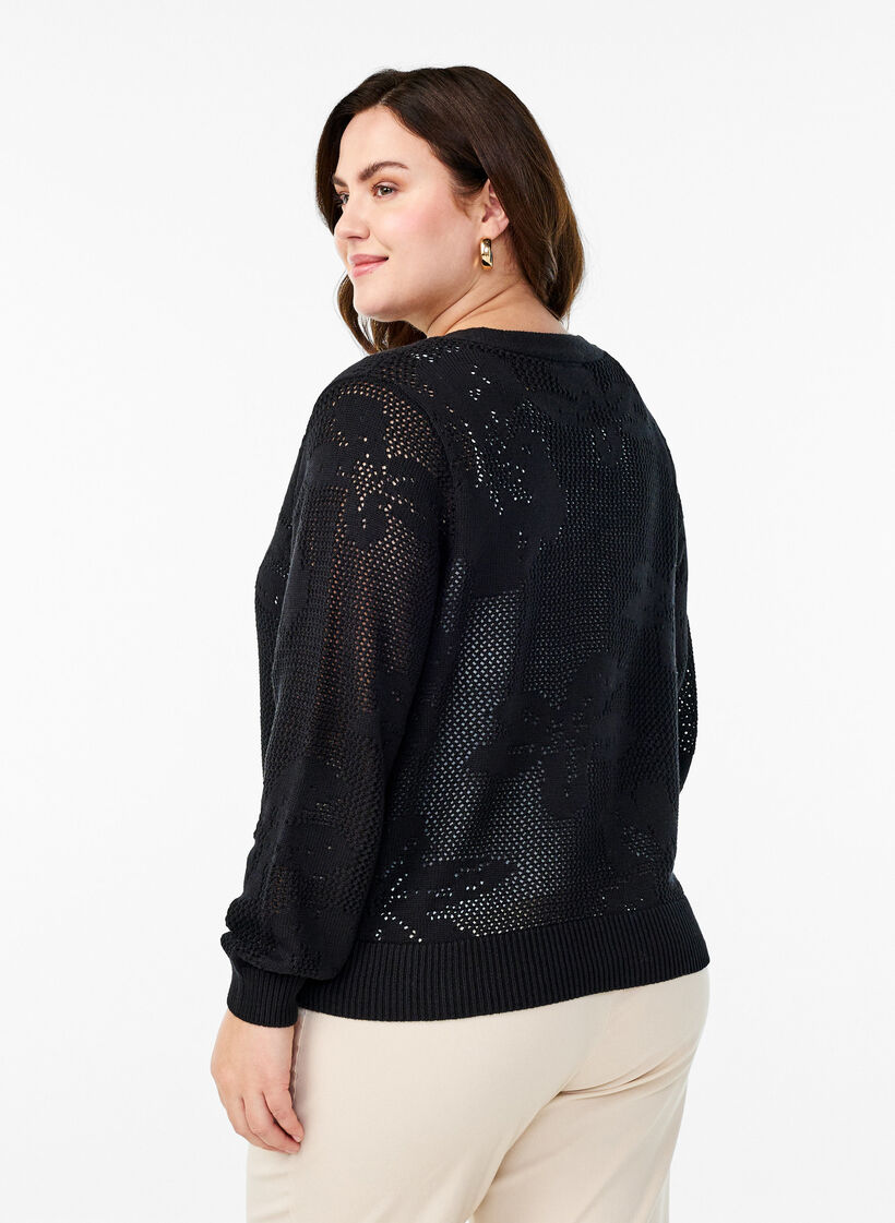 Strickjacke mit Lochmuster und Bindebändern, Black, Model image number 1