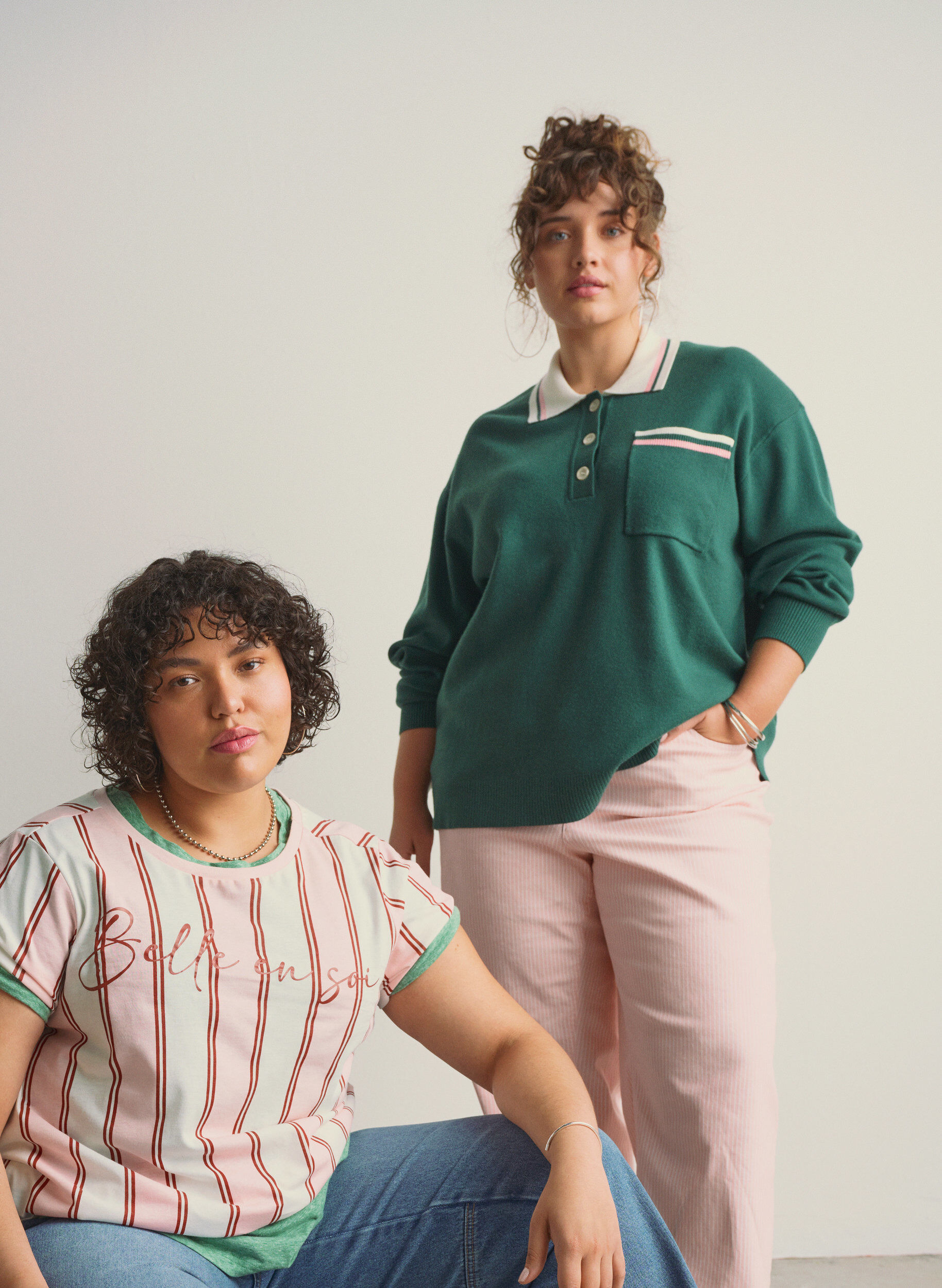 ZizziStrickbluse mit Polokragen und Kontraststreifen, Gr&uuml;n, Image image number 0