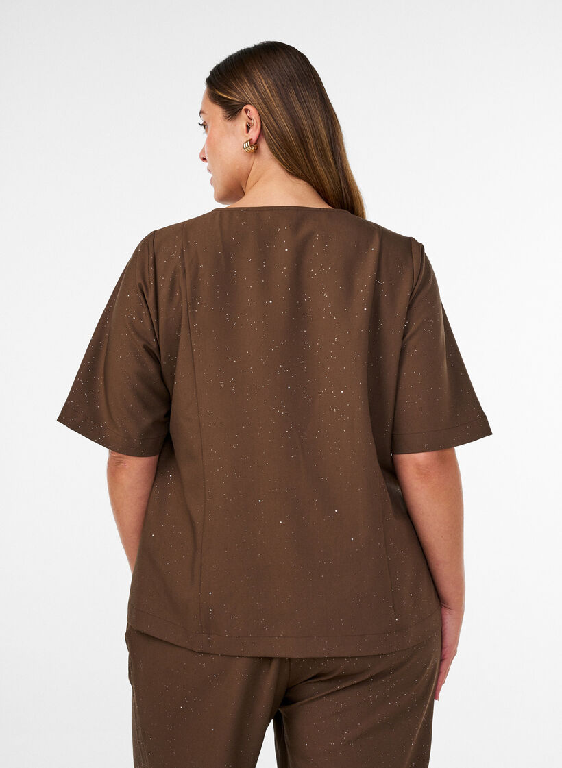 Bluse mit Glitzer und V-Ausschnitt, Braun, Model image number 2