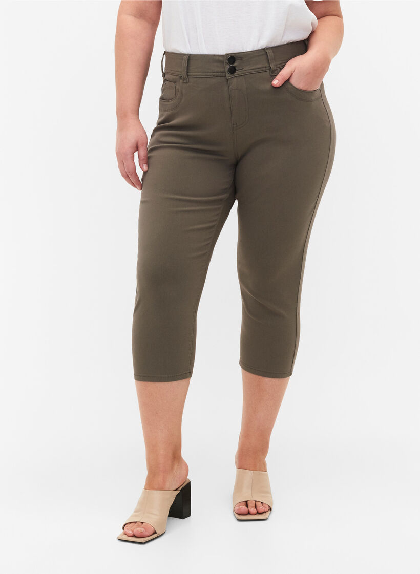 Eng anliegende Capri-Hose aus einer Viskosemischung, Dusty Olive, Model image number 2