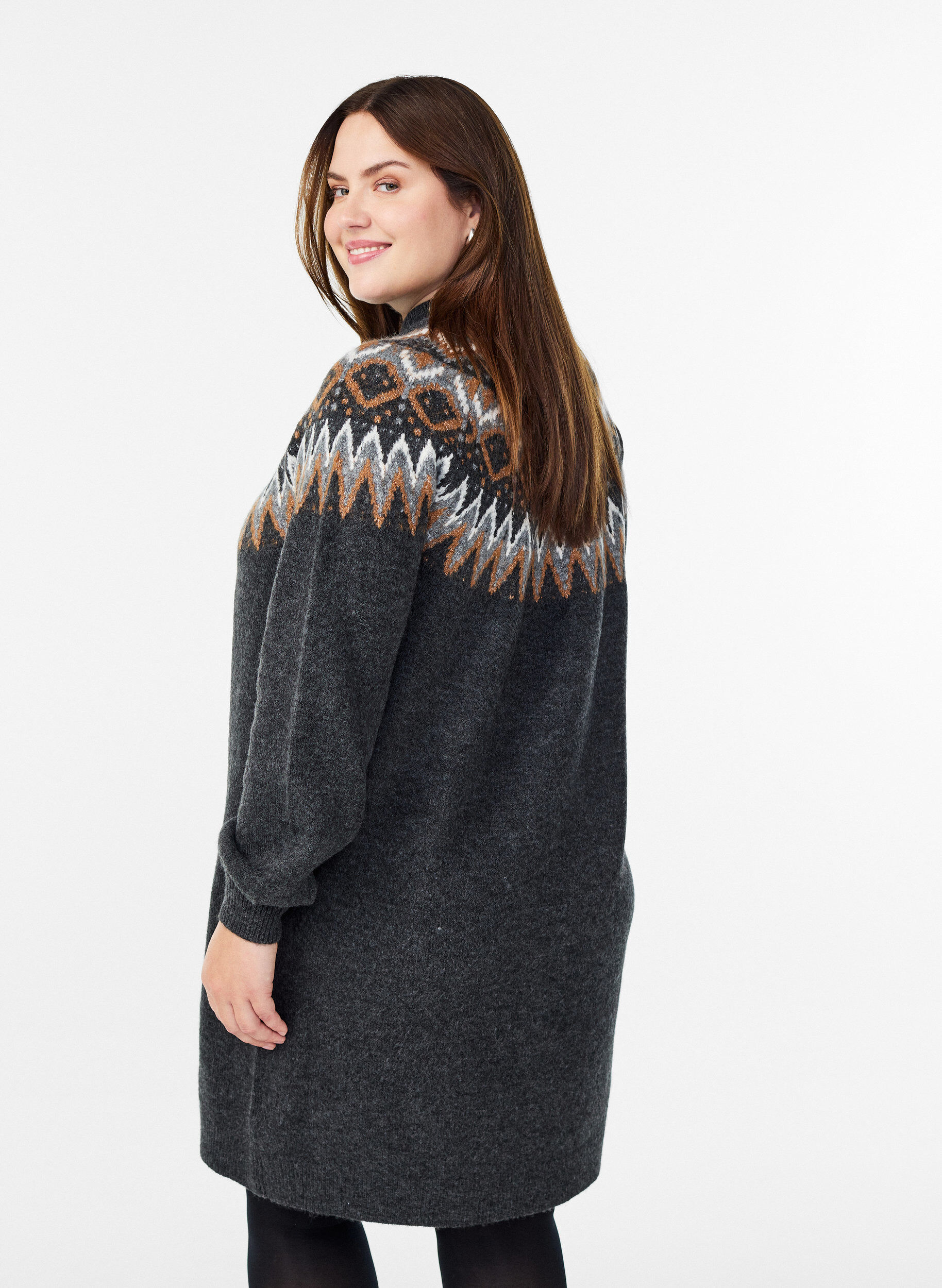 ZizziStrickkleid mit Jacquardmuster und Ballon&auml;rmeln, Grau, Model image number 2