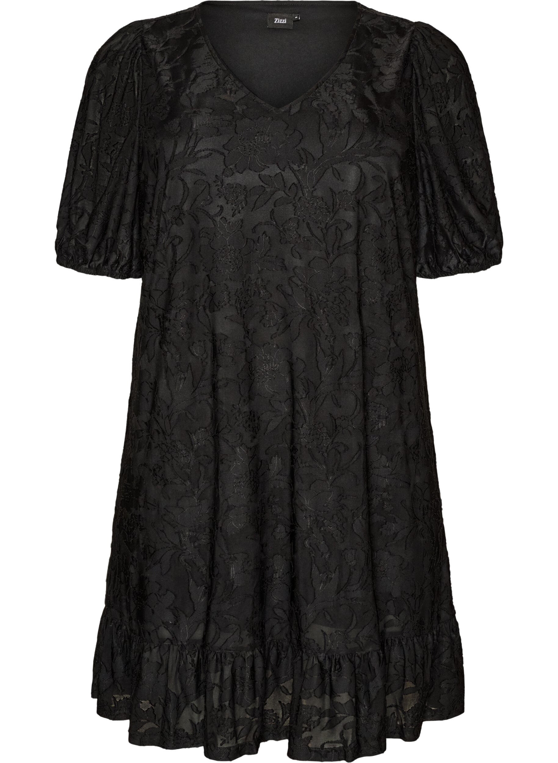 Kleid mit floraler Struktur und R&uuml;schenbesatz