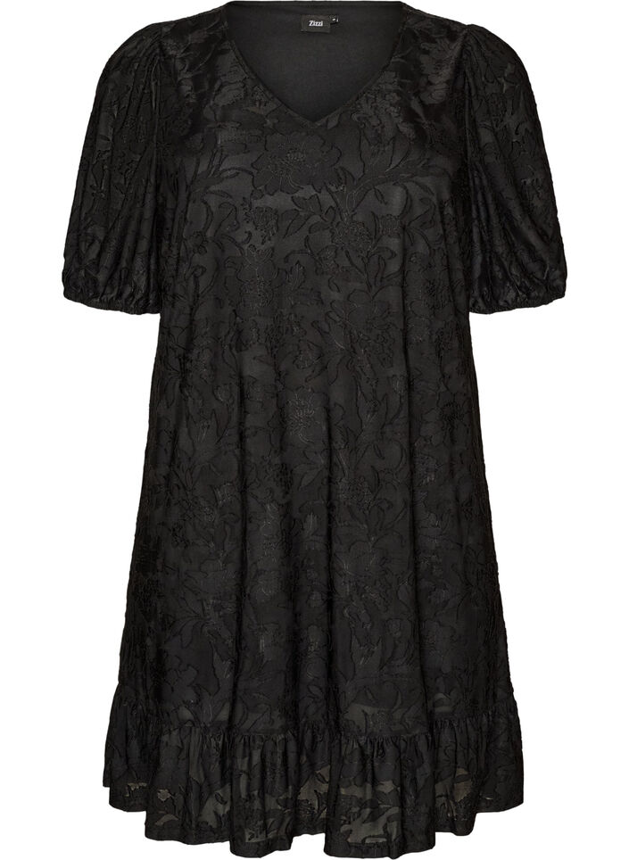 Kleid mit floraler Struktur und R&uuml;schenbesatz, Schwarz, Packshot image number 0