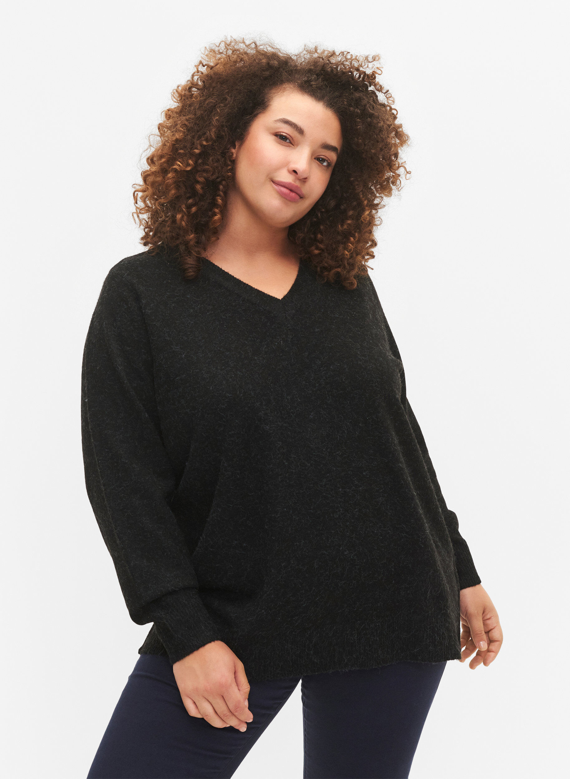 ZizziMelange Pullover mit V-Ausschnitt, Dark Grey Melange, Model image number 0