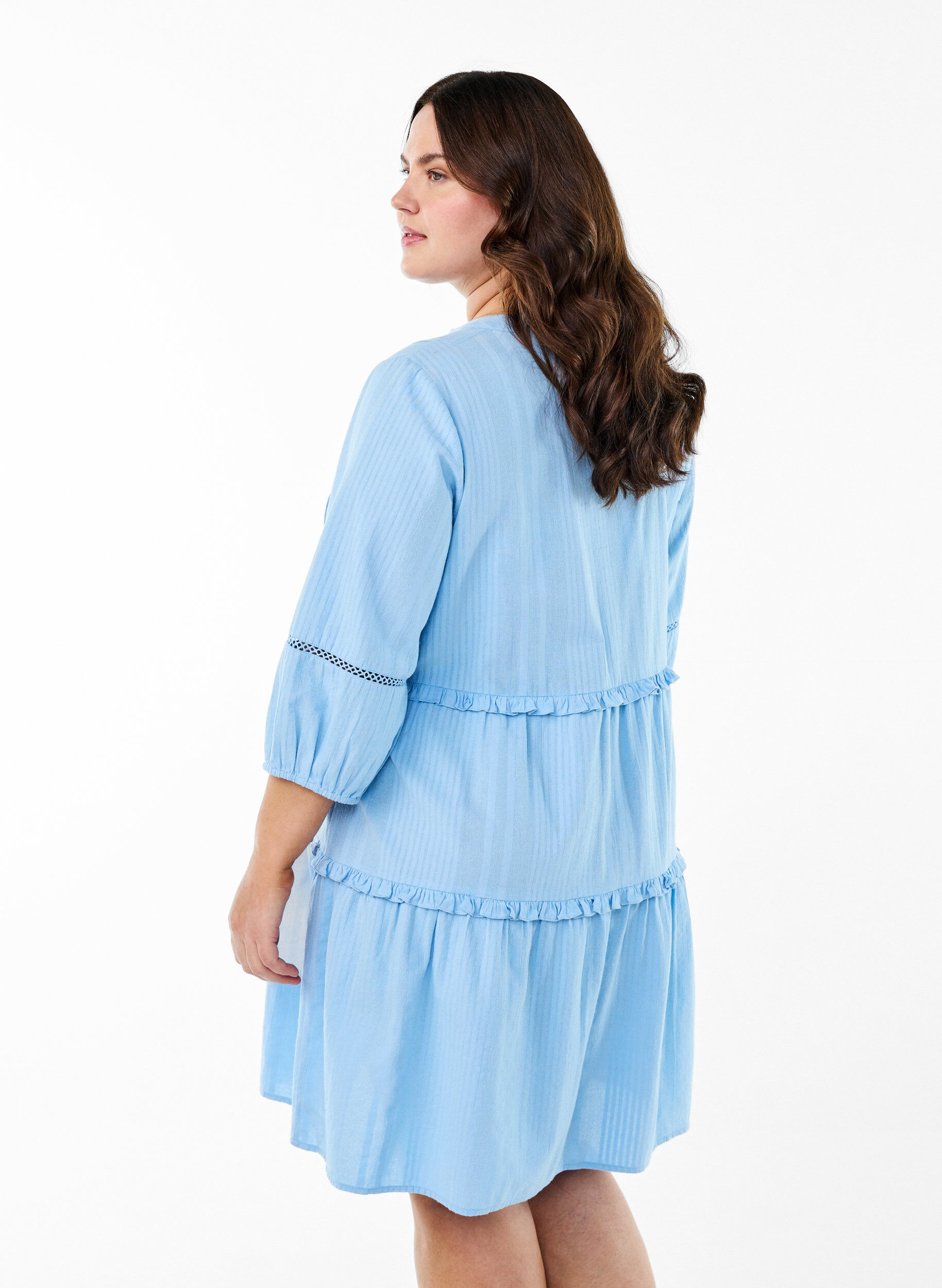 ZizziBaumwollkleid mit 3/4-&Auml;rmeln und R&uuml;schen, Blau, Model image number 2