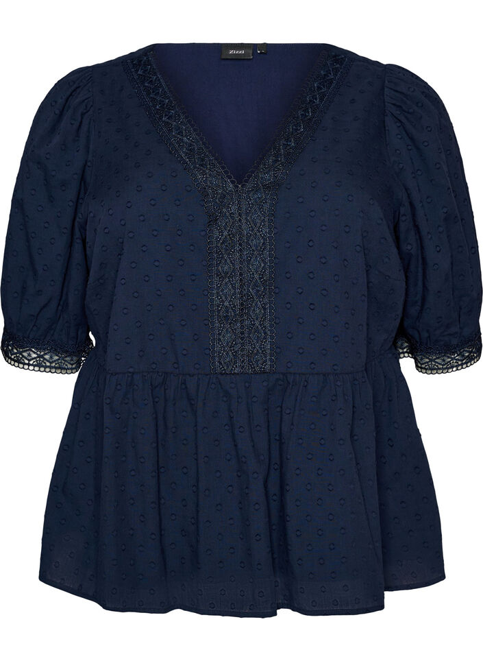 Bluse aus strukturierter Baumwolle mit H&auml;keldetails, Blau, Packshot image number 0