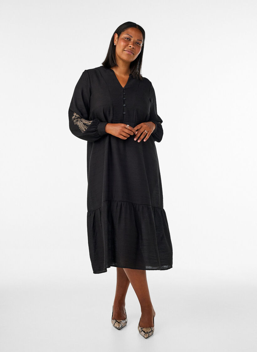 Kleid aus Viskose mit Stickerei und Stufenvolants, Schwarz, Model image number 0