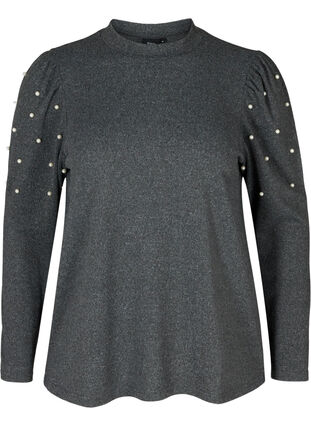 Melierte Bluse mit Puffärmeln und Perlen, Dark Grey Melange, Packshot image number 0