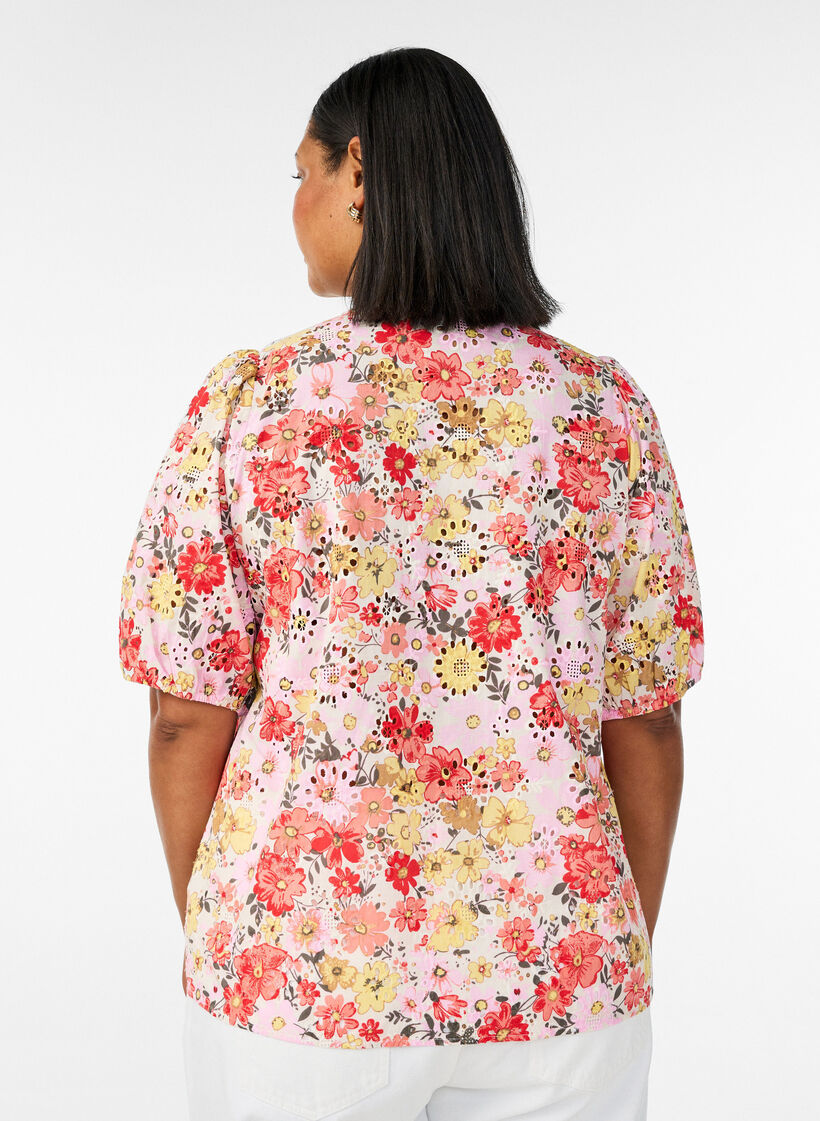 Gebl&uuml;mte Bluse mit Lochstickerei und V-Ausschnitt, Rot, Model image number 2