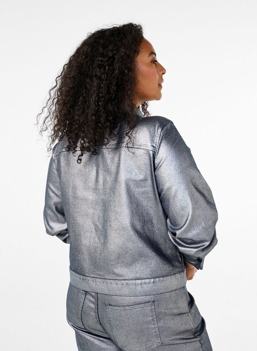 Kurze Jeansjacke in Silberbeschichtung, Gun Silver, Model image number 1