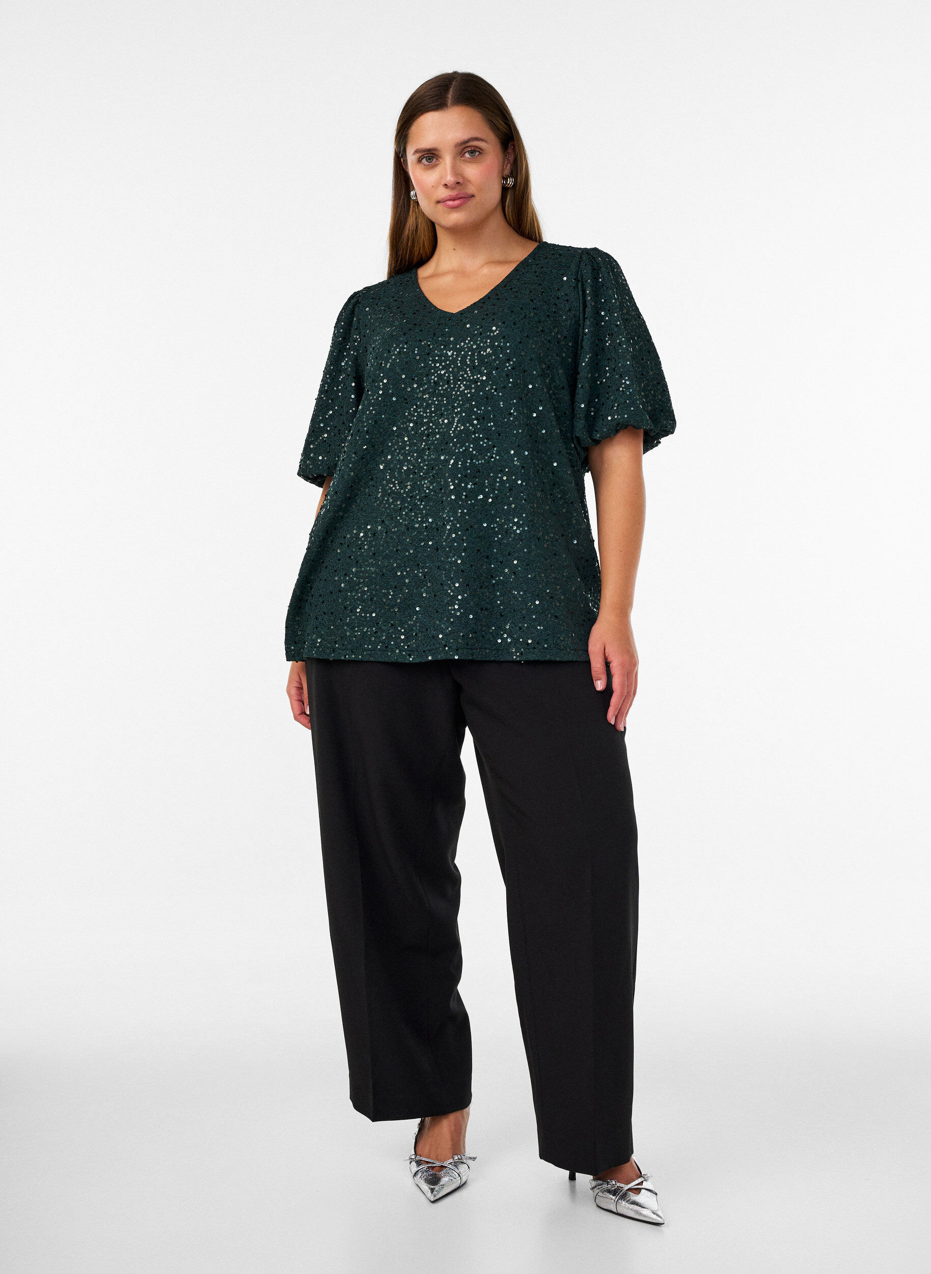 ZizziPaillettenbluse mit Ballon&auml;rmeln, Gr&uuml;n, Model image number 1