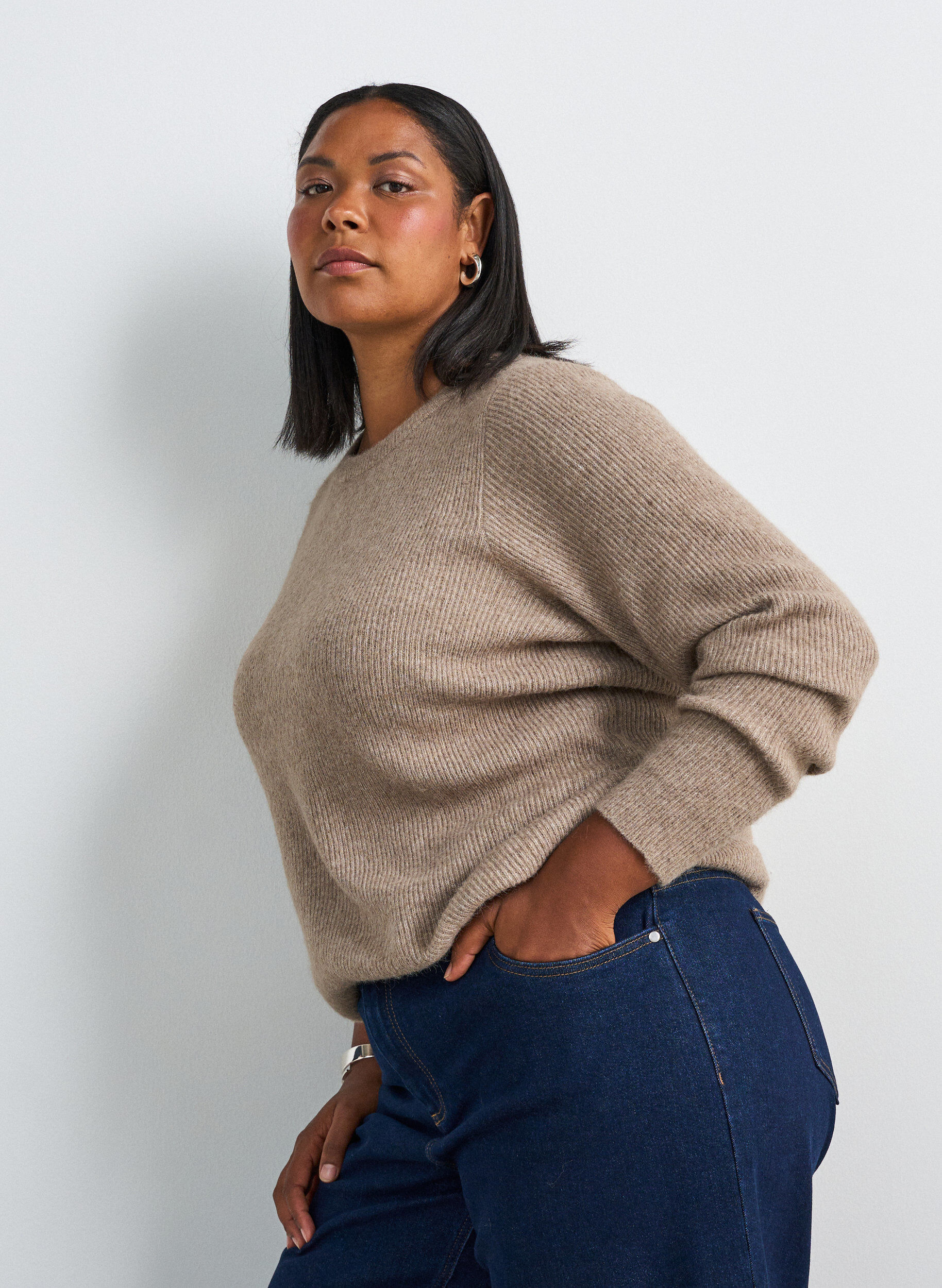 ZizziMelierte Strickbluse mit Rundhalsausschnitt, Beige, Model image number 0