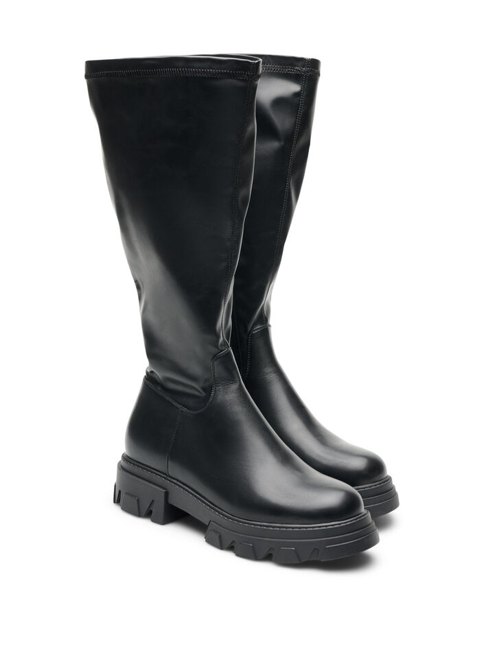 Langschaftstiefel aus Kunstleder mit klobiger Sohle, Schwarz, Packshot image number 1