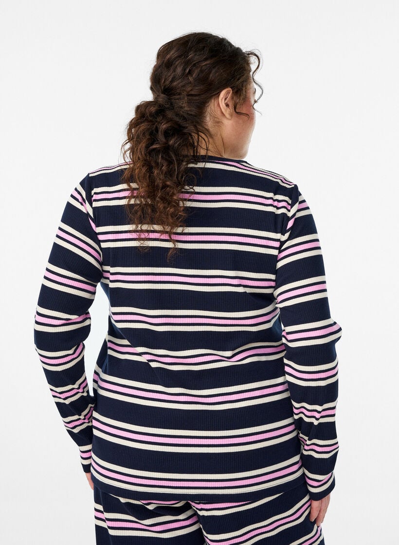 Lang&auml;rmeliges Nachtoberteil aus geripptem Jersey mit Streifen, Blau, Model