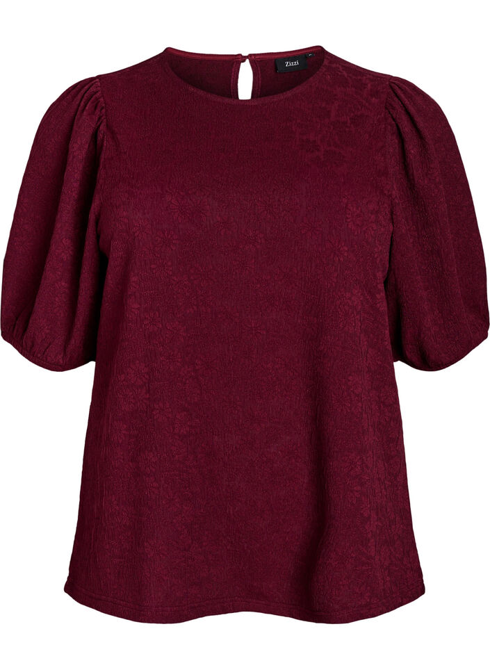Strukturierte Bluse mit kurzen Ärmeln, Dunkles Bordeaux, Packshot image number 0