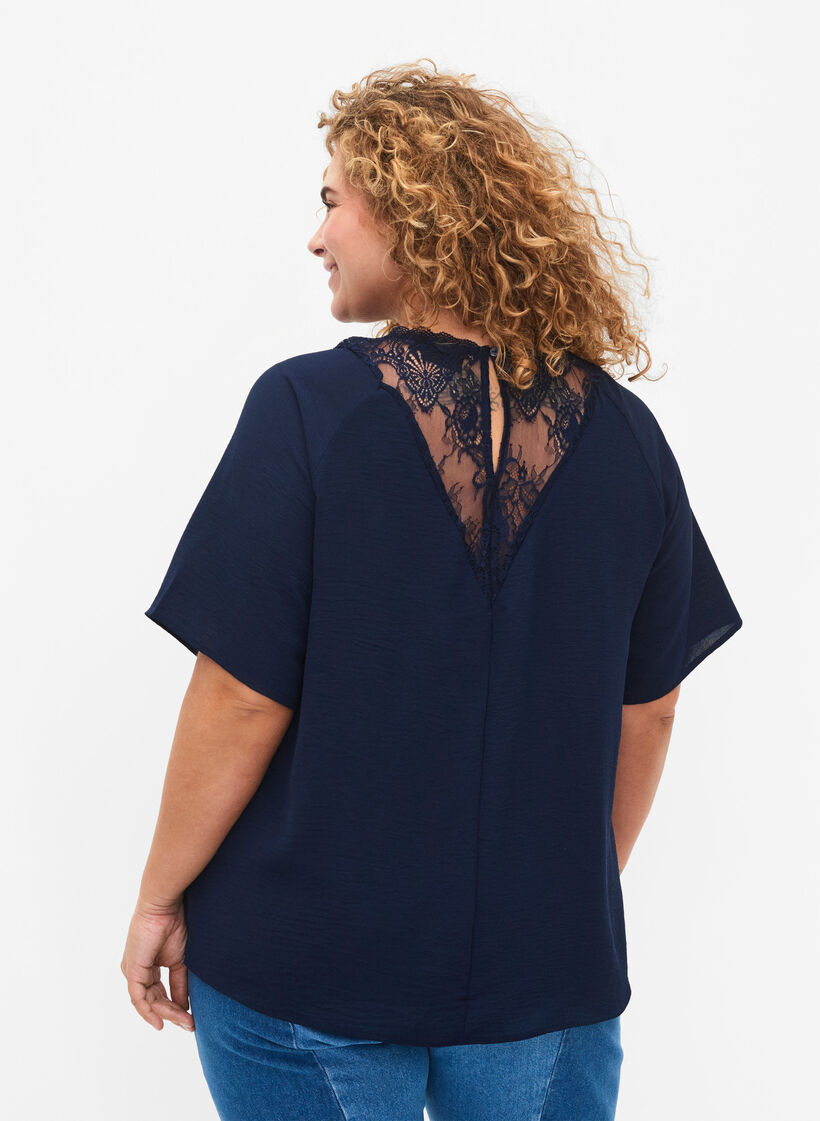 Kurzärmelige Bluse mit Spitze , Navy Blazer, Model image number 1