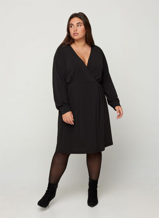 Langarm Kleid mit V-Ausschnitt, Black, Model image number 2