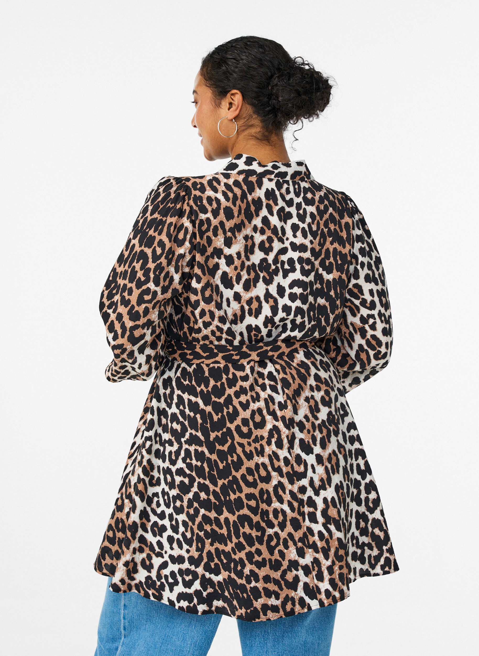 ZizziPatterned tunic with a tie-belt and 3/4 sleeves, Brown, Model image number 2