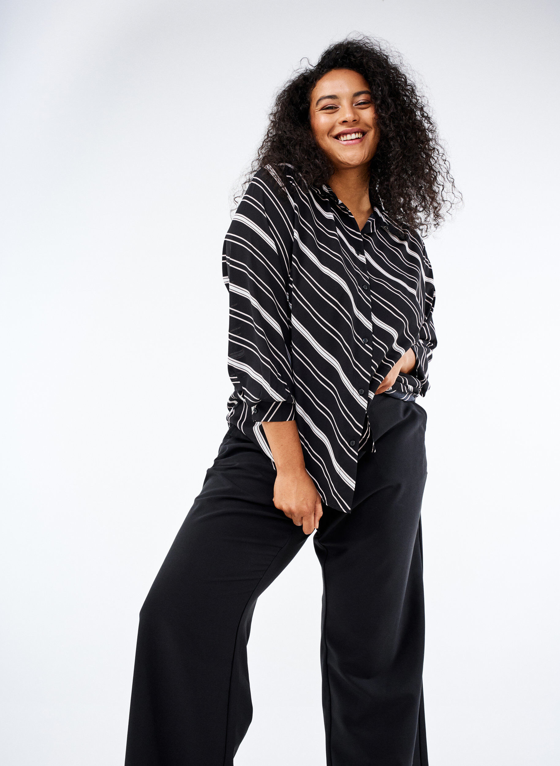 ZizziGestreiftes Hemd mit langen &Auml;rmeln, Black Stripe, Image image number 0