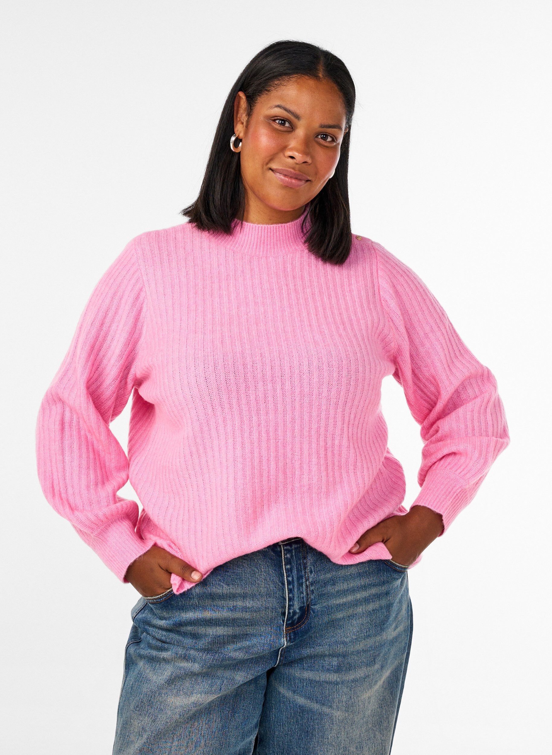 ZizziPullover aus Rippstrick mit Puff&auml;rmeln und Kn&ouml;pfen, Pink, Model image number 0