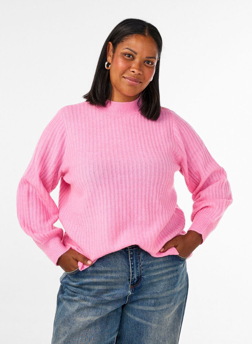 Pullover aus Rippstrick mit Puff&auml;rmeln und Kn&ouml;pfen, Pink, Model image number 0