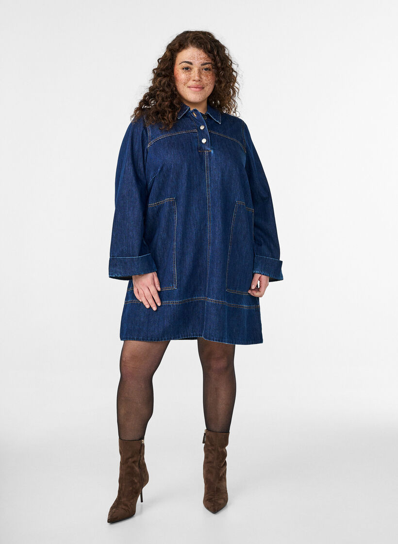 Kurzes Jeanskleid mit Kragen und Knopfleiste, Blau, Model image number 0
