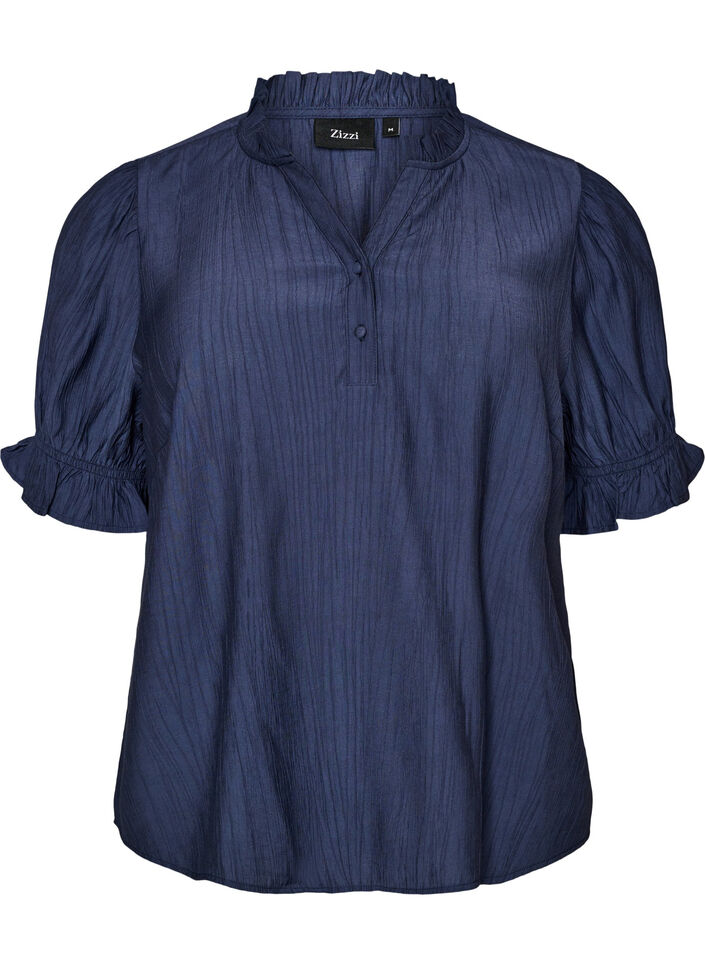 Bluse aus einer gecrinkelten Viskosemischung mit V-Ausschnitt, Blau, Packshot image number 0
