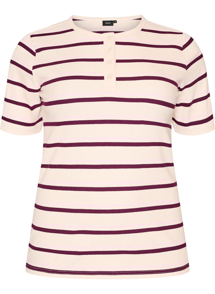 Ripp-T-Shirt mit Streifen und Knopfdetail, Lila, Packshot image number 0