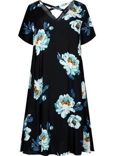 Blumiges Kleid mit kurzen Ärmeln aus Viskose, Black Big Flower, Packshot image number 0