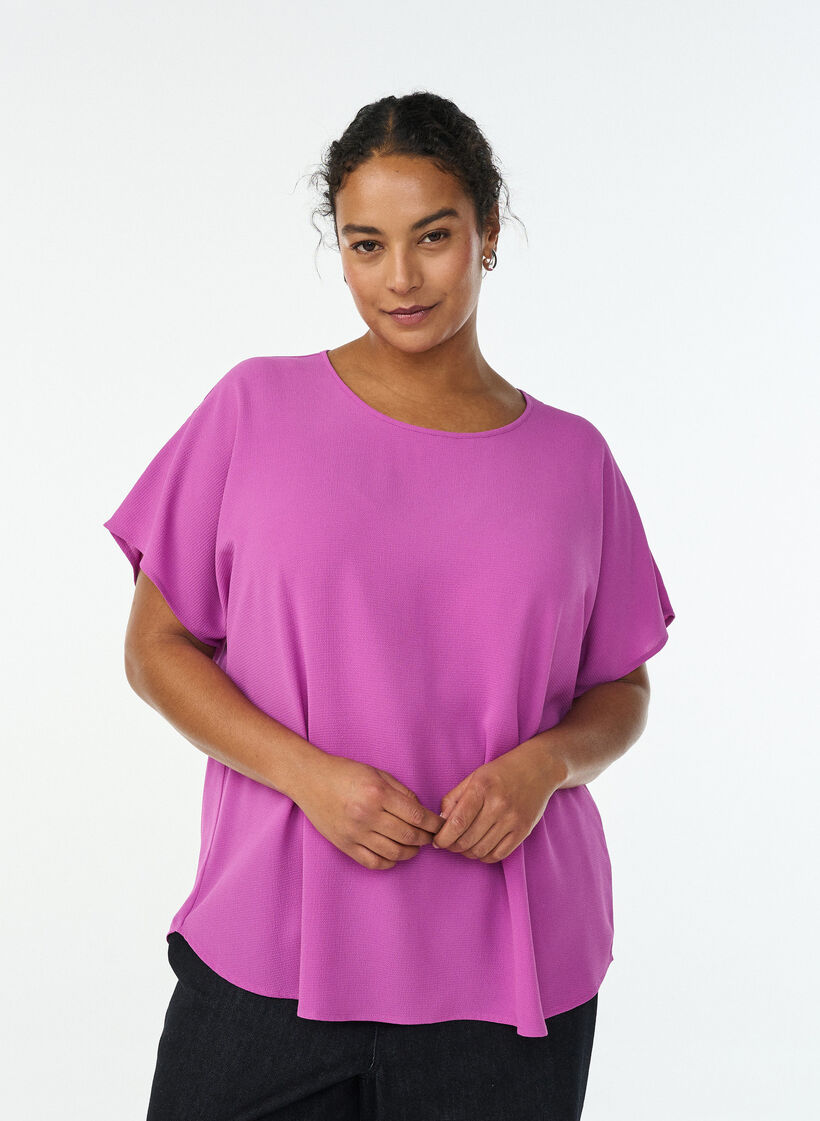 Bluse mit kurzen &Auml;rmeln und Rundhalsausschnitt, Lila, Model image number 0