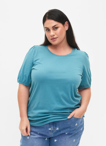 T-Shirt aus Baumwolle mit 2/4-Ärmeln, Brittany Blue, Model image number 0