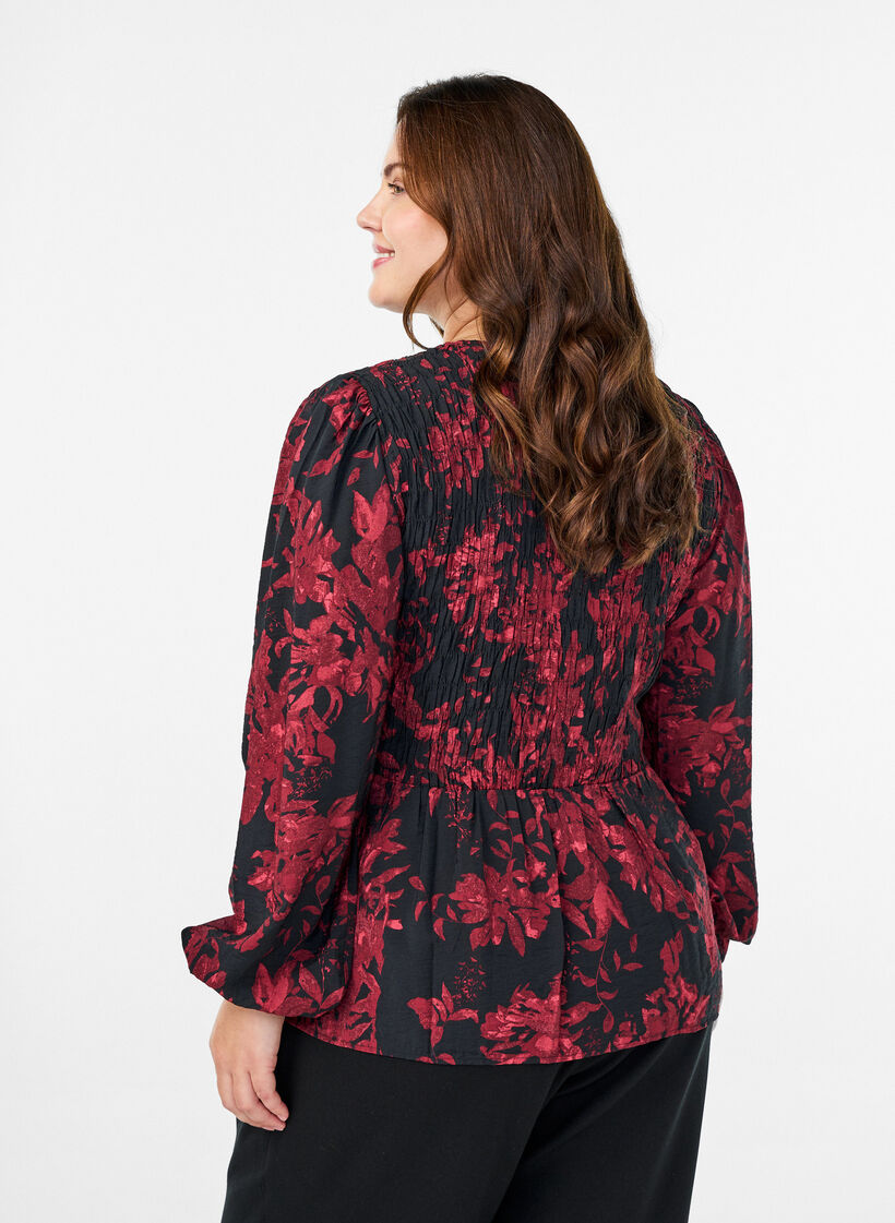 Bluse mit Smock und langen Ärmeln, Schwarz, Model image number 2